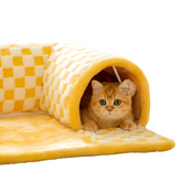 2-in-1 Plush Plaid Checkered Cat Tunnel  Bed